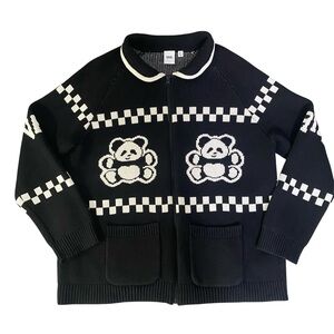 Vans Double Cotton Knit Panda Graphic Front Zip Cardigan Sweater Black White M/L